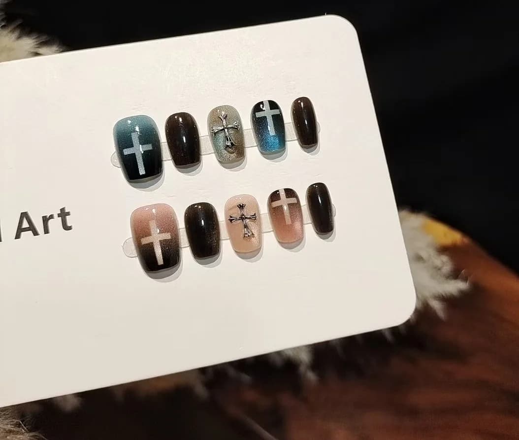 Blue Pink Cat Eye Press On Nails with Glass Beads and Cross Design