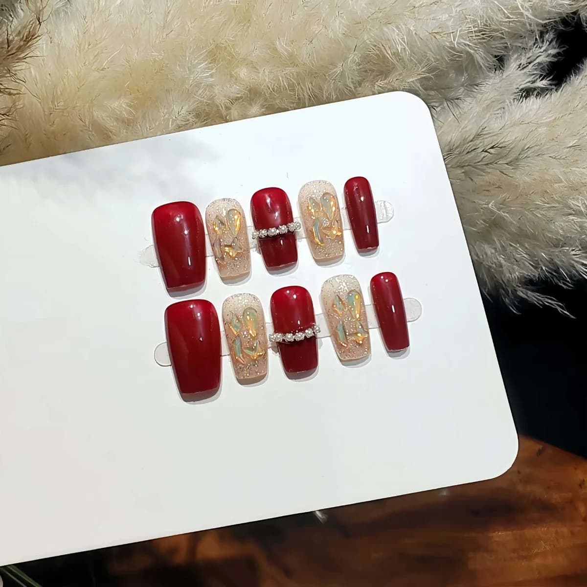 Red Short Square Press On Nails with Aurora Rhinestines