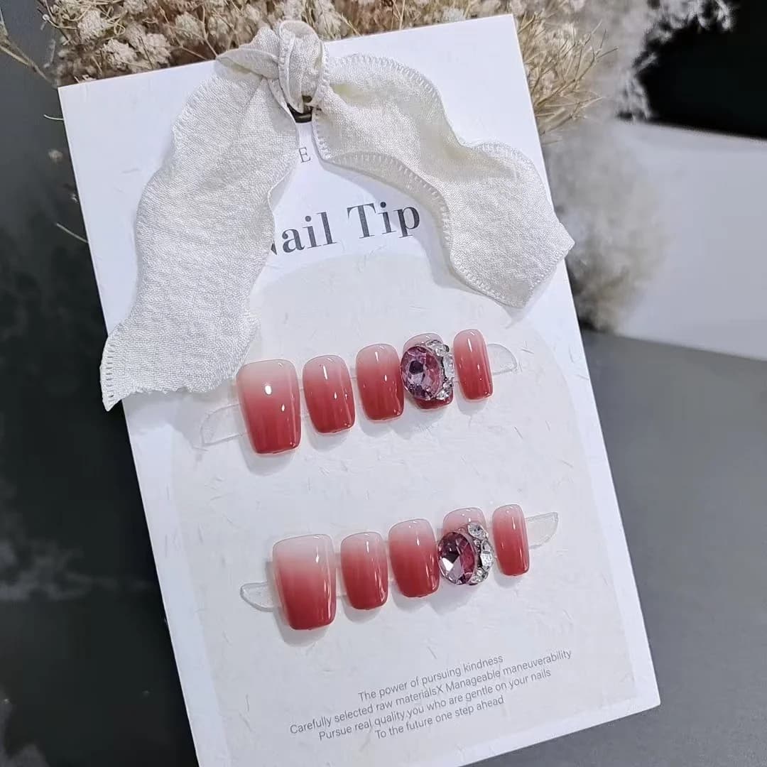 Rose Forest Gradient Press-On Nails with Large Rhinestones, Short Coffin Shape