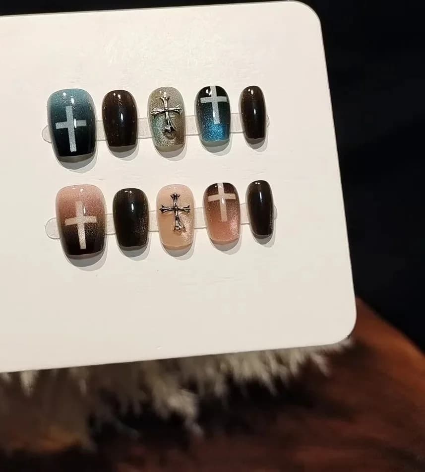 Blue Pink Cat Eye Press On Nails with Glass Beads and Cross Design