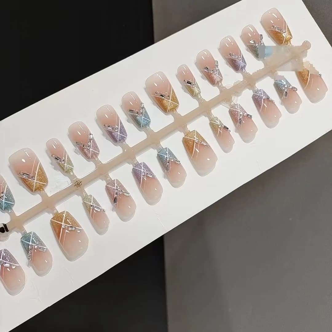 Candy Party Press-On Nails Short Square Rainbow Cat Eye Rhinestone