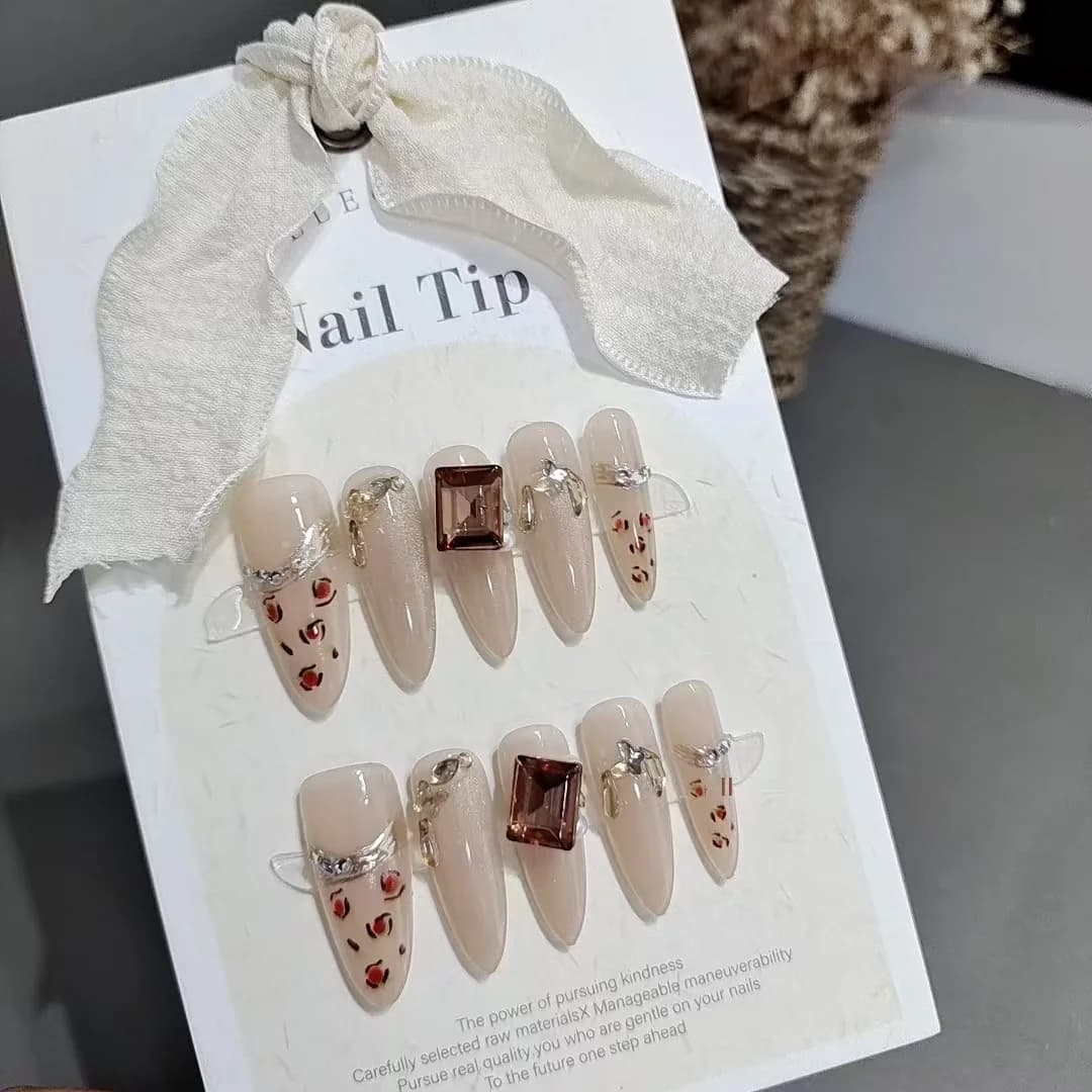 Leopard Print Press On Nails with Rhinestones Long Stiletto Shape