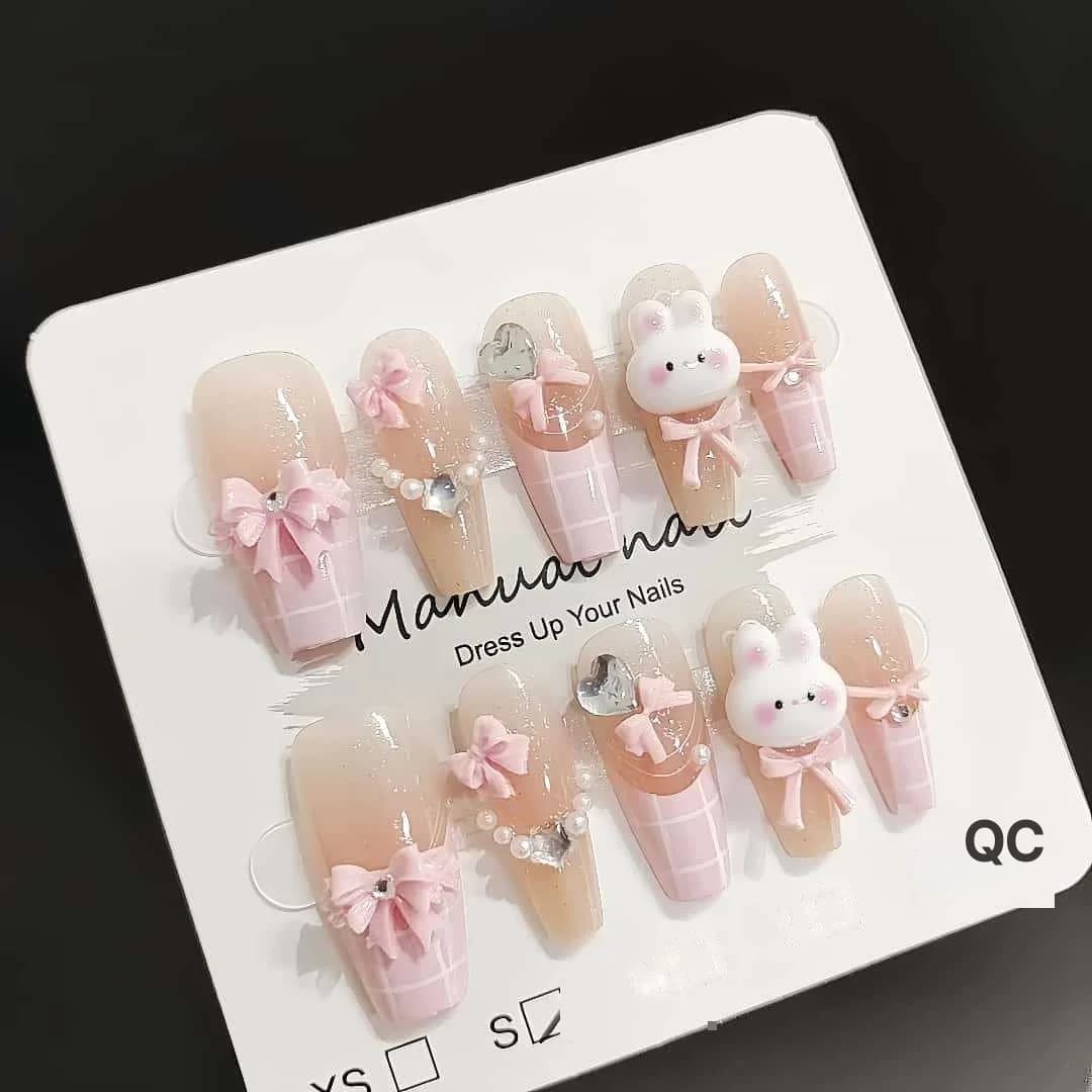 Cute Pink Rabbit Press On Nails 30 Pieces Medium Coffin Shape