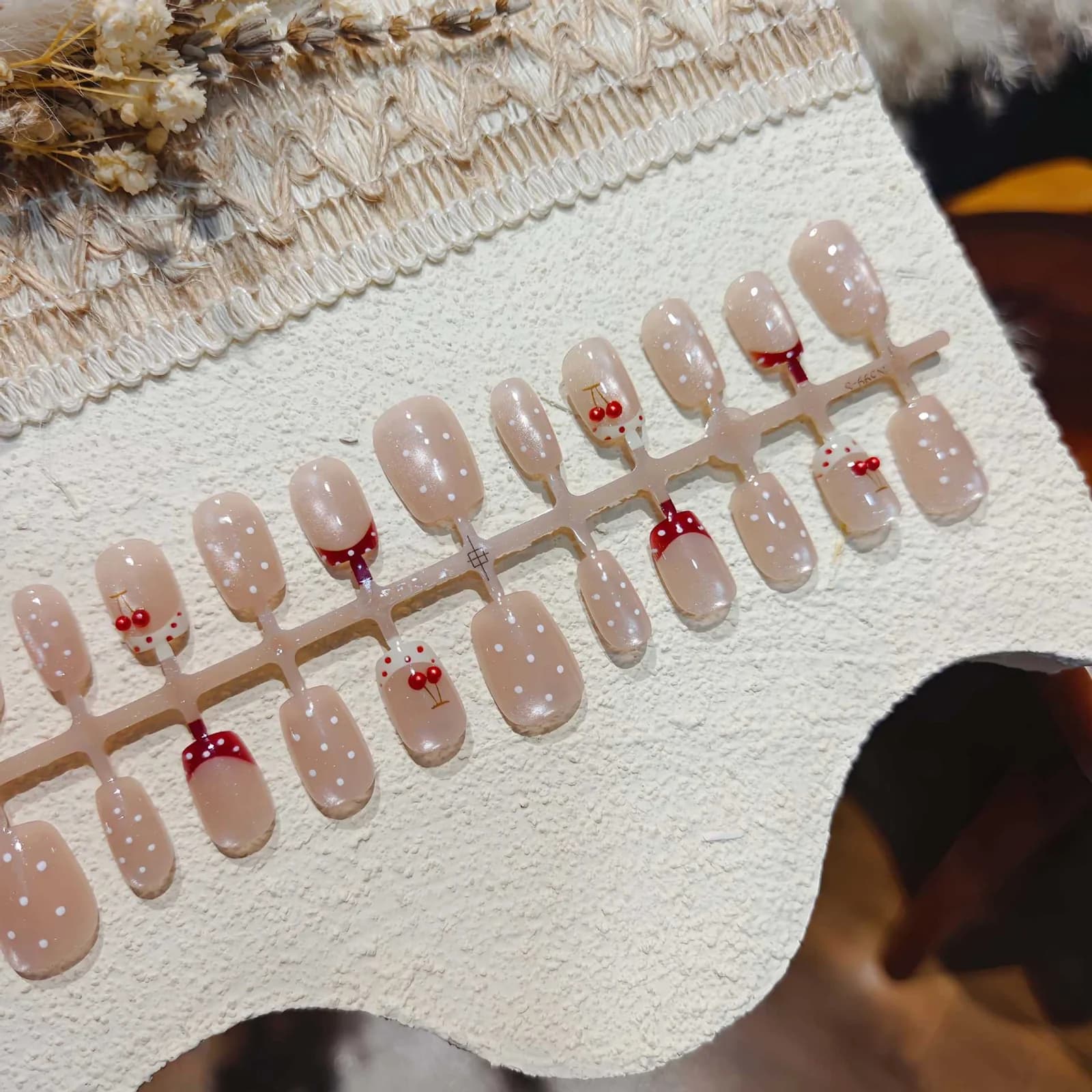 Polka Dot Cherry Press-On Nails with Rhinestones, Short Ballet Shape