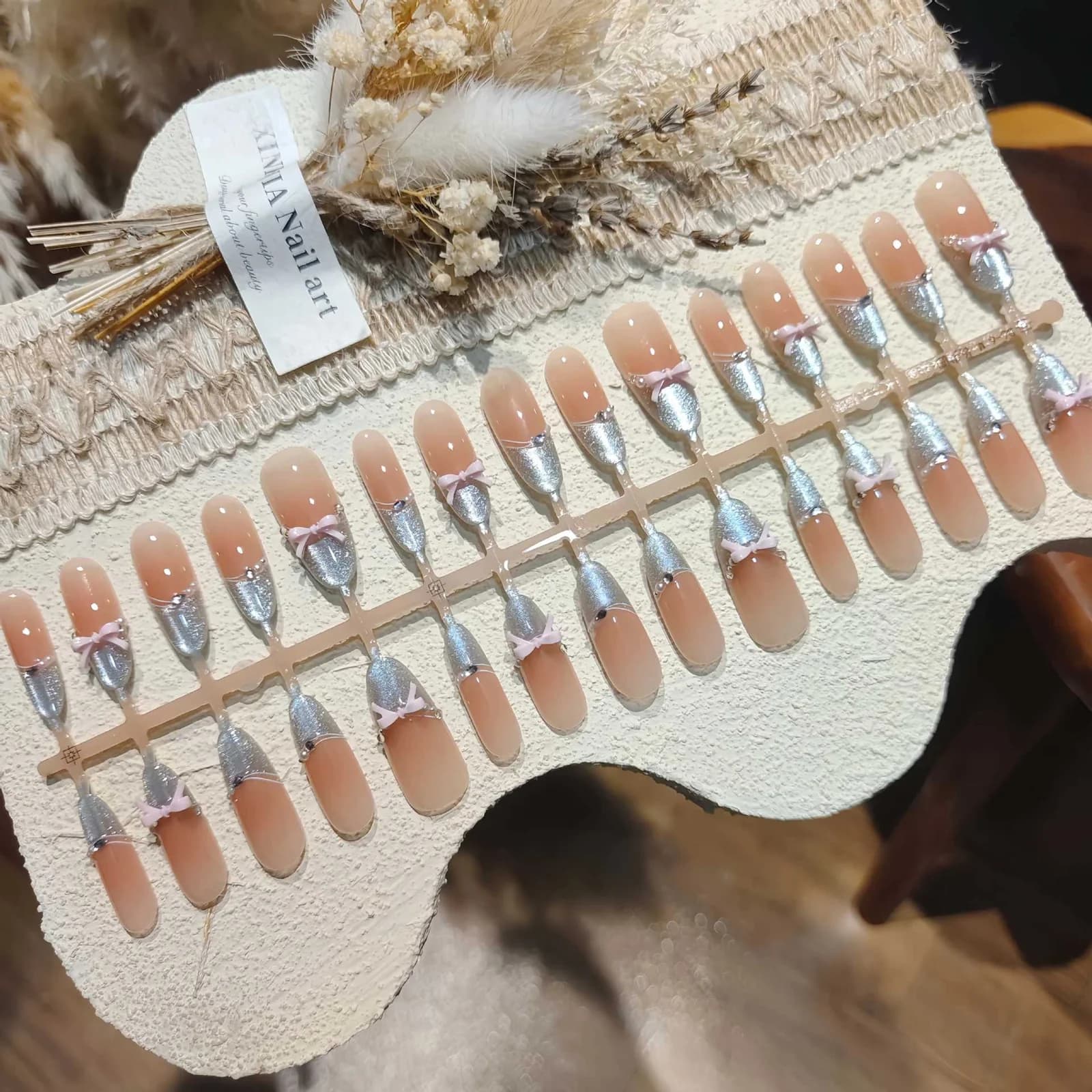 Ballet Shoe Press-On Nails with Bow and Crystal French Tip Design