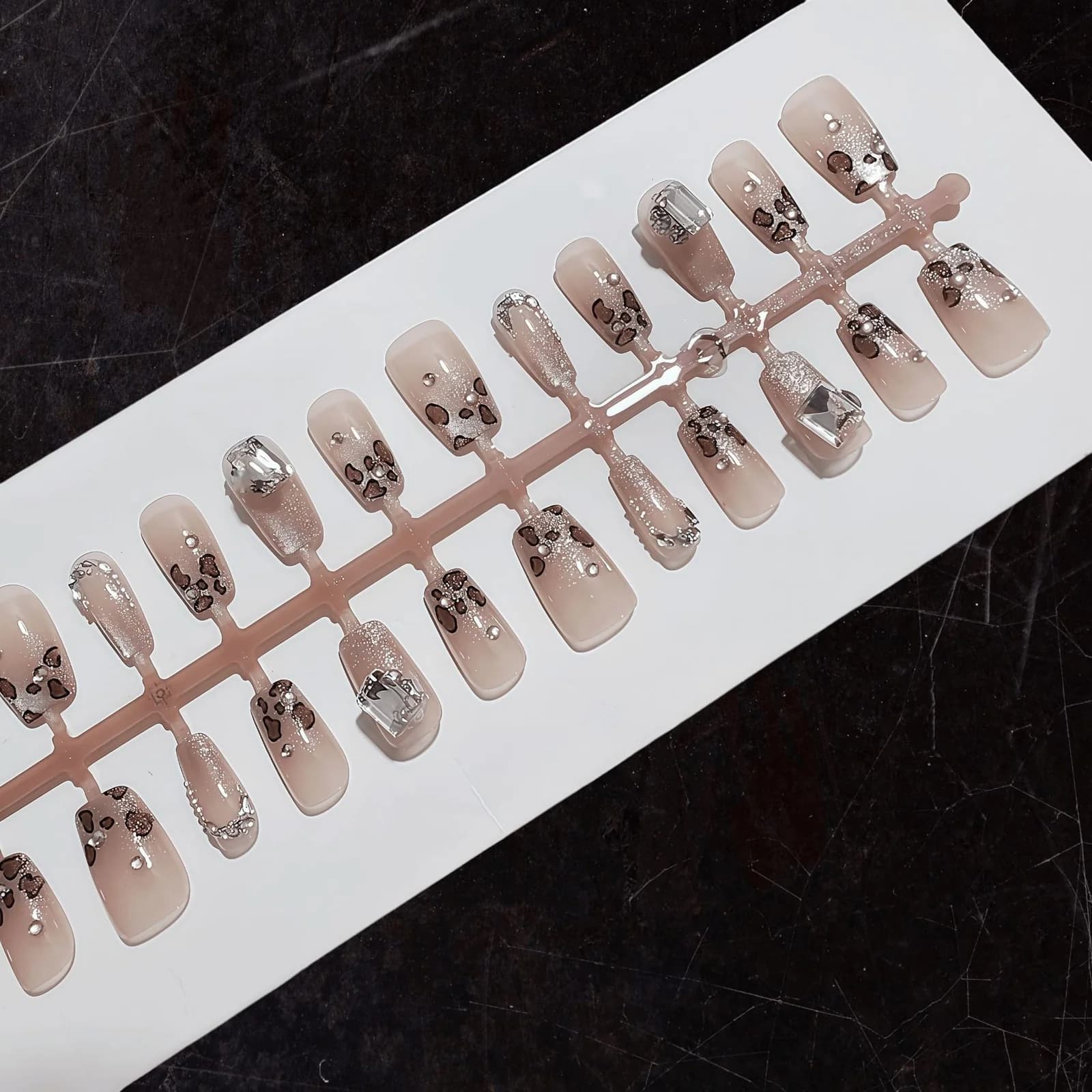 Leopard Print Press-On Nails with Rhinestones Short Coffin Shape
