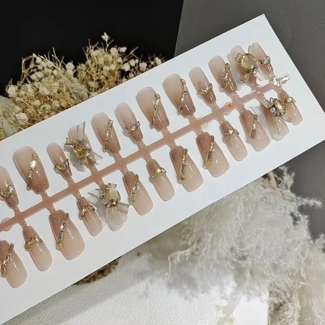 Press-On Nails with Organza Mesh and Rhinestones, 30 Pieces