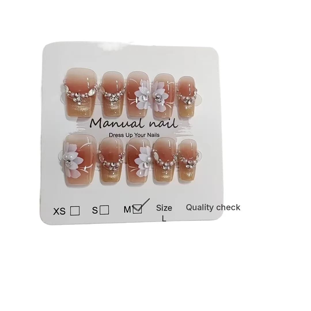 Floral Cat Eye Press On Nails with Rhinestones, Short Coffin Shape