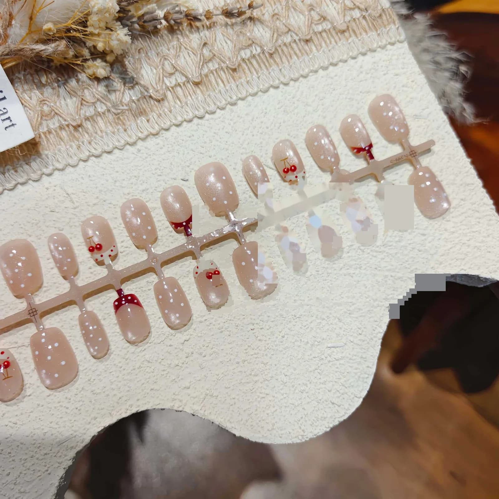 Polka Dot Cherry Press-On Nails with Rhinestones, Short Ballet Shape