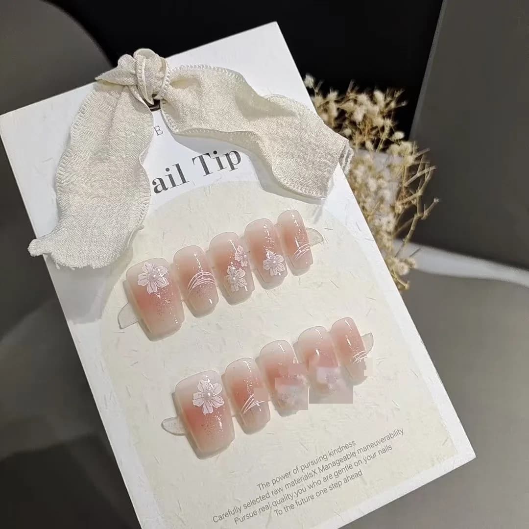 Hand Painted Floral Press On Nails Short Coffin Shape Blush Design
