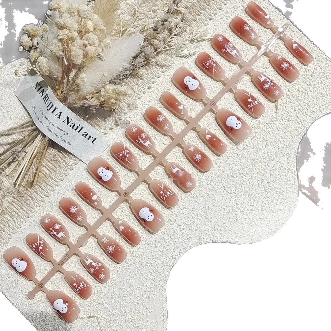 Winter Deer Press-On Nails with Snowflake and Blush Design