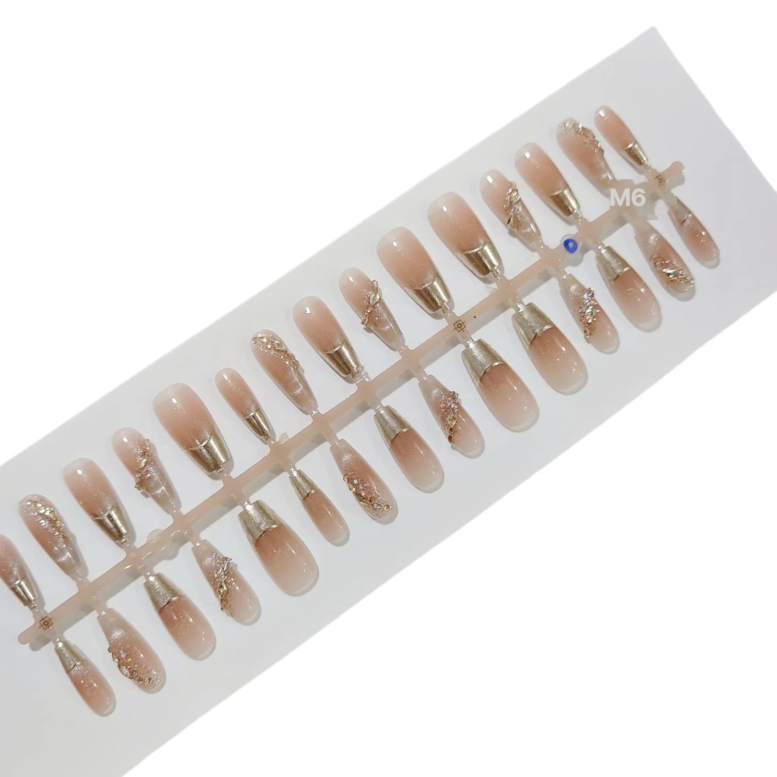 French Tip Press-On Nails with Gold Rim and Glitter, 30 Pieces