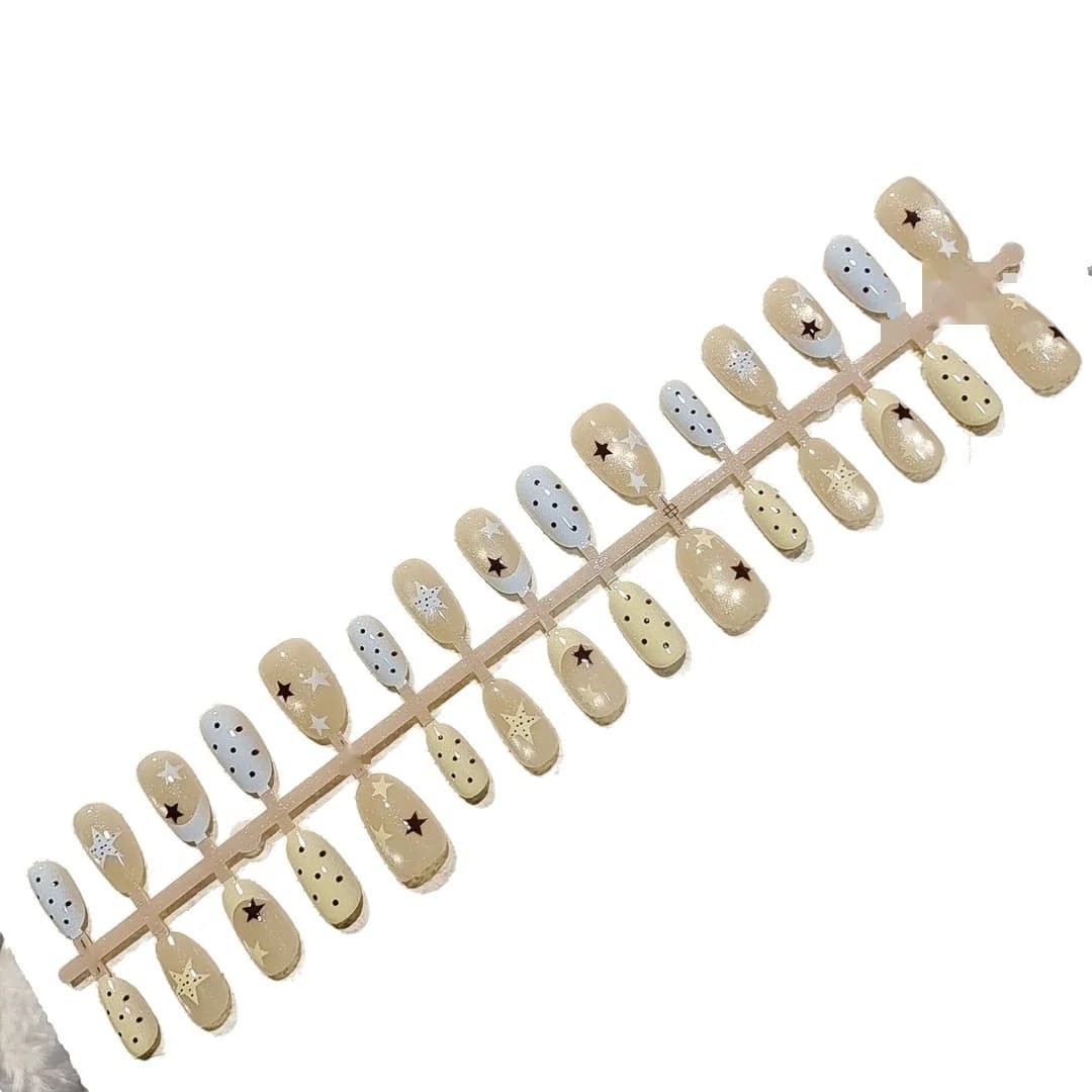 Polka Dot Cat Eye Press On Nails Short Oval French Tip with Glass Beads