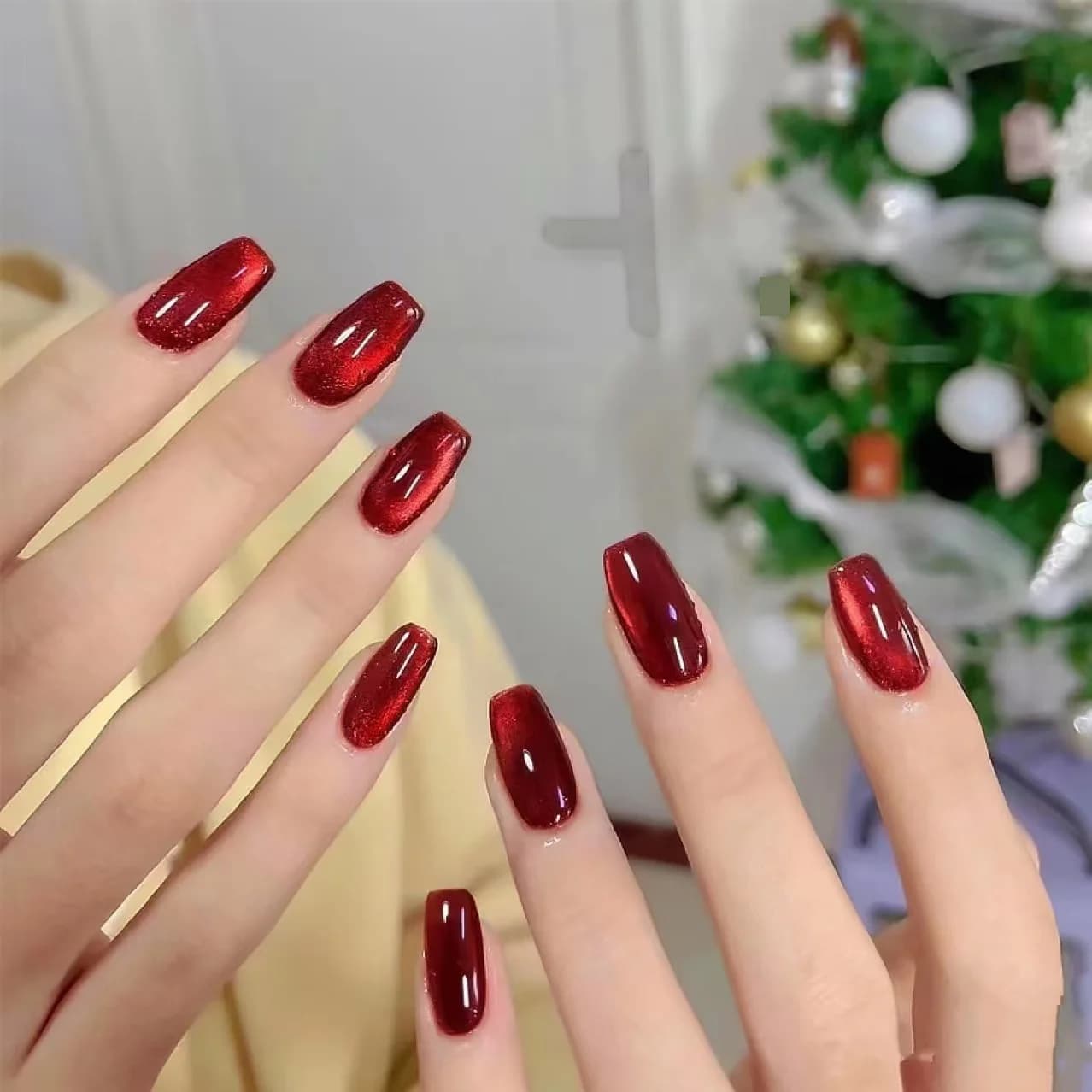 Red Cat Eye Press On Nails Short and Medium Coffin Shape