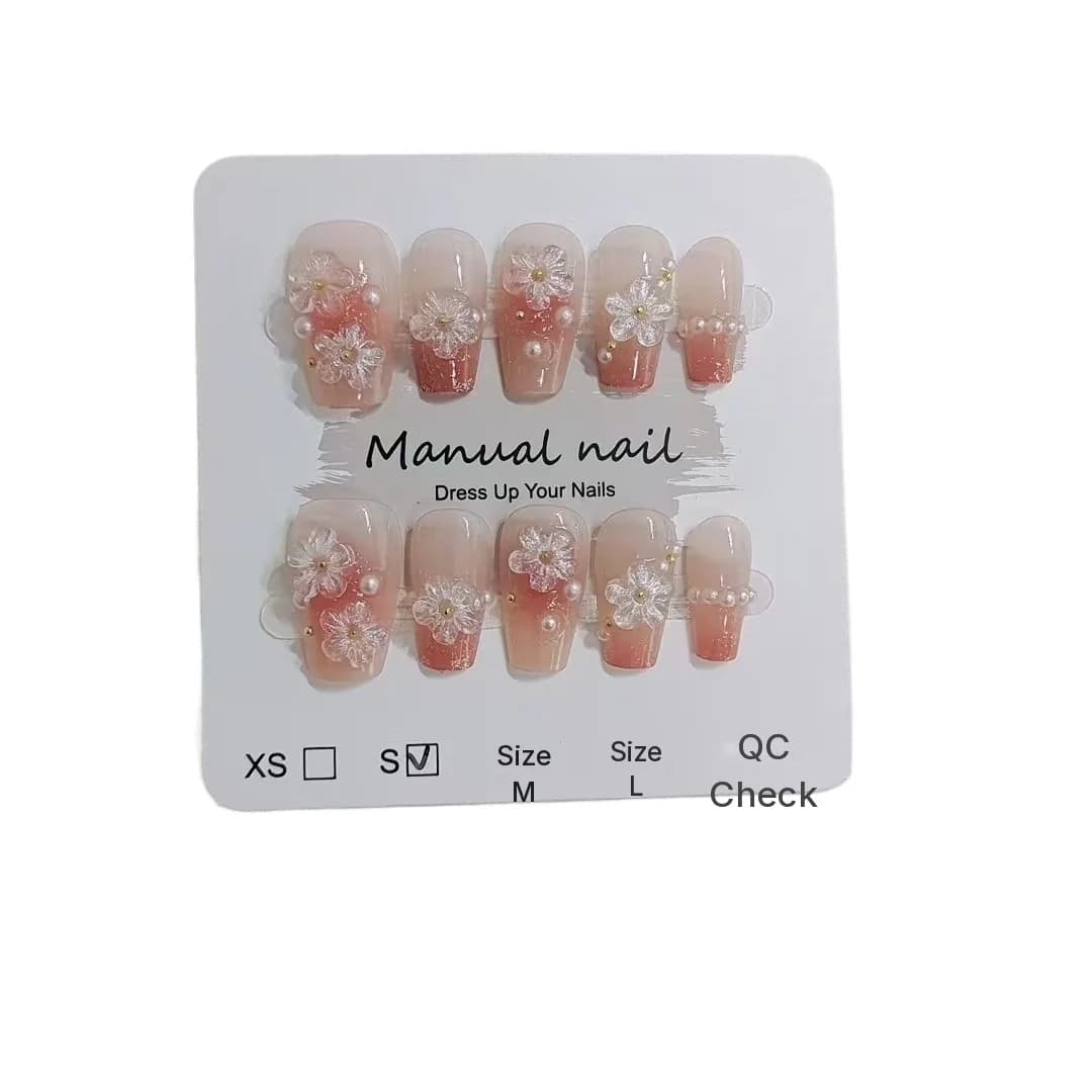Floral Press-On Nails Short Coffin Shape Cute Blush Design 10 Pieces
