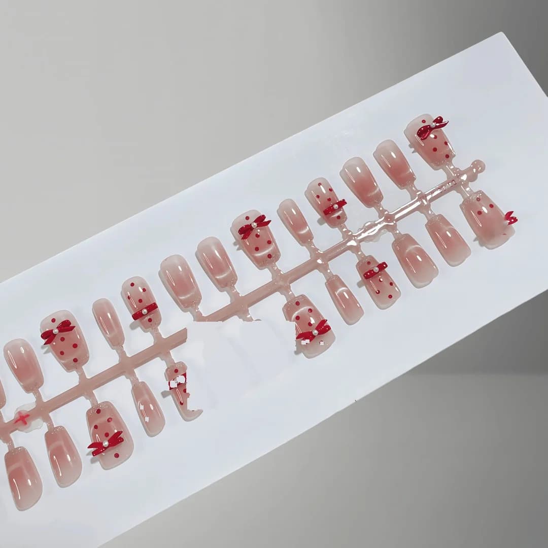 Press-On Nails Short Coffin Red Butterfly Cat Eye Polka Dot 30 Pieces