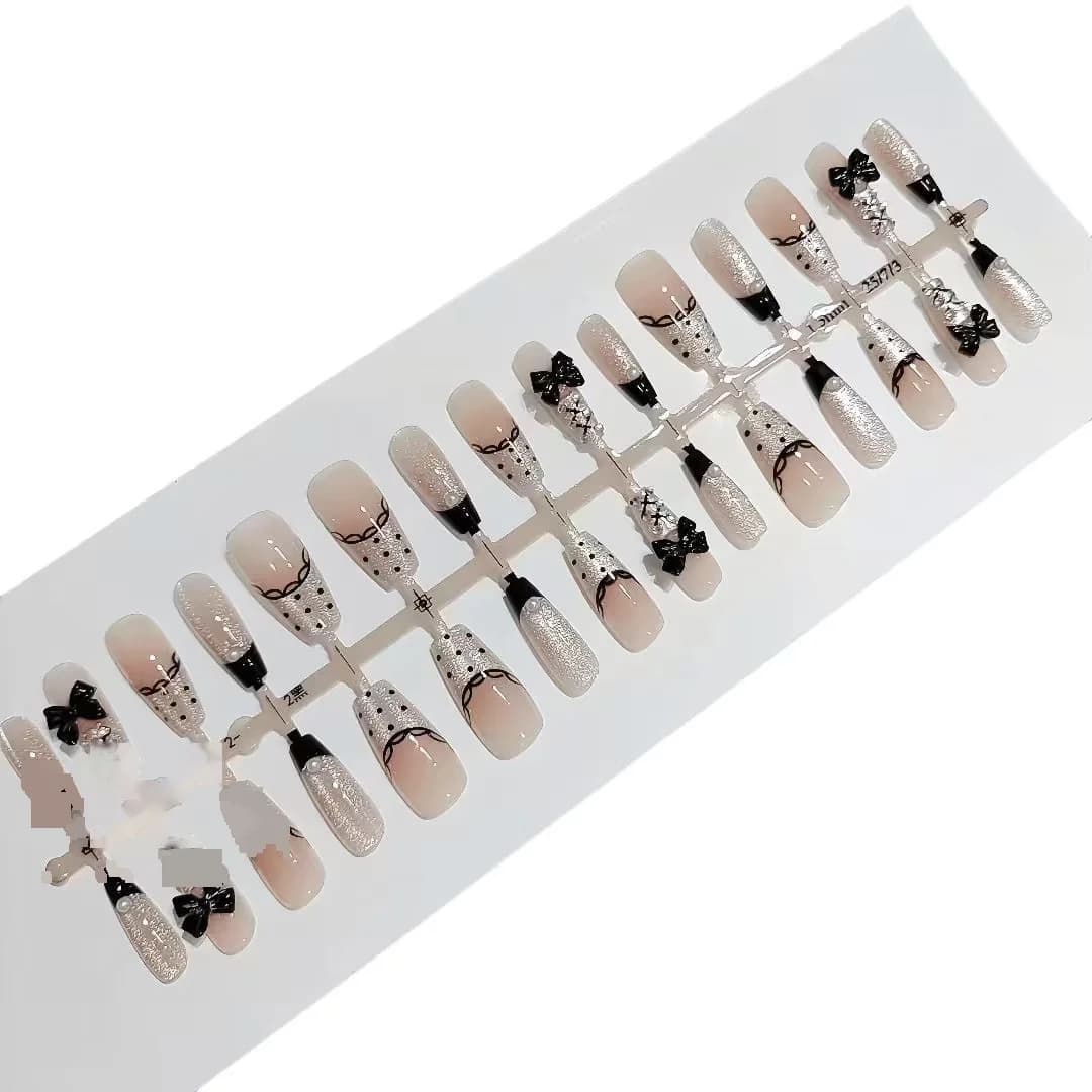 Press-On Nails French Tip Lace Bow Polka Dot Design 30 Pieces