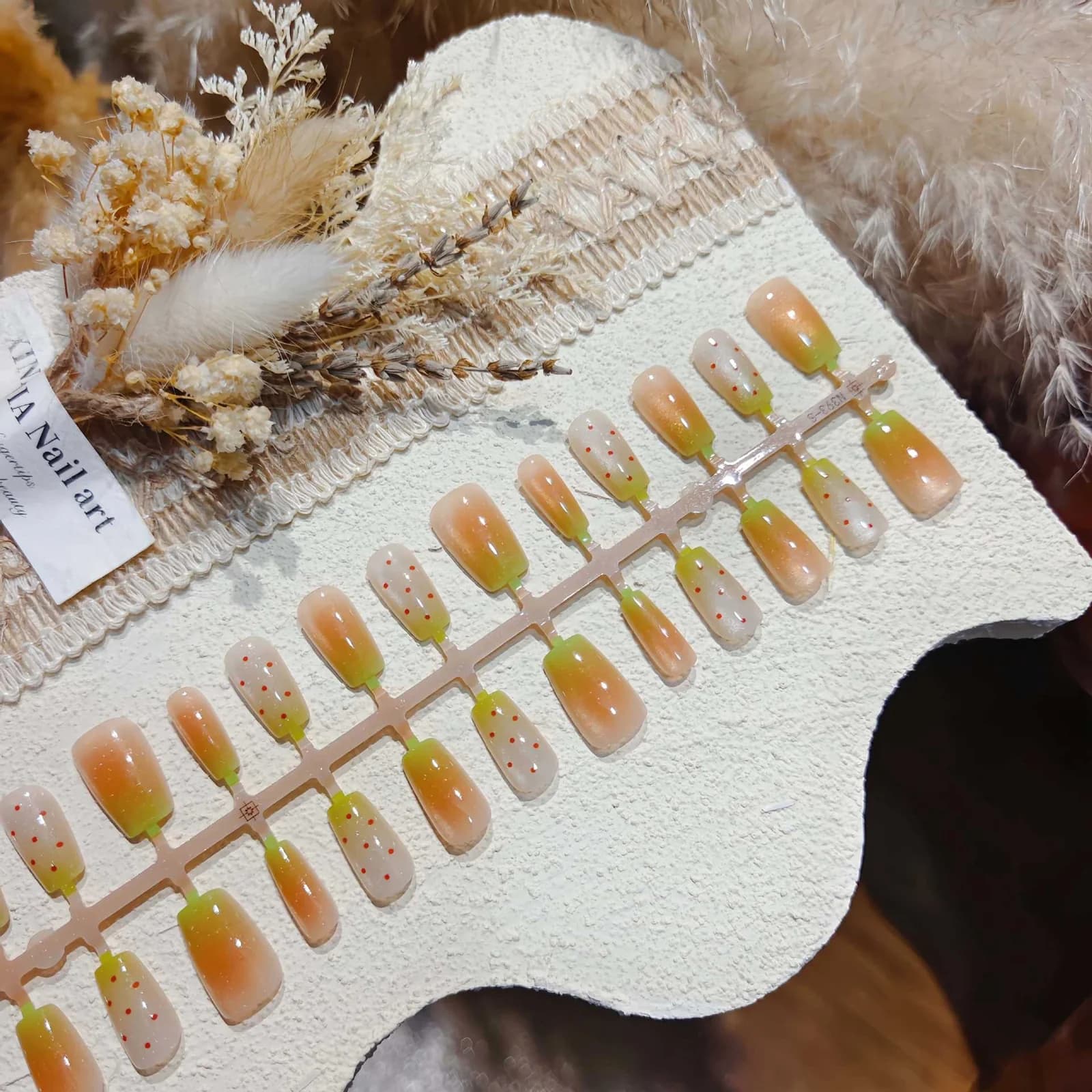Peach Green Gradient Press-On Nails with French Tip, 30 Pieces