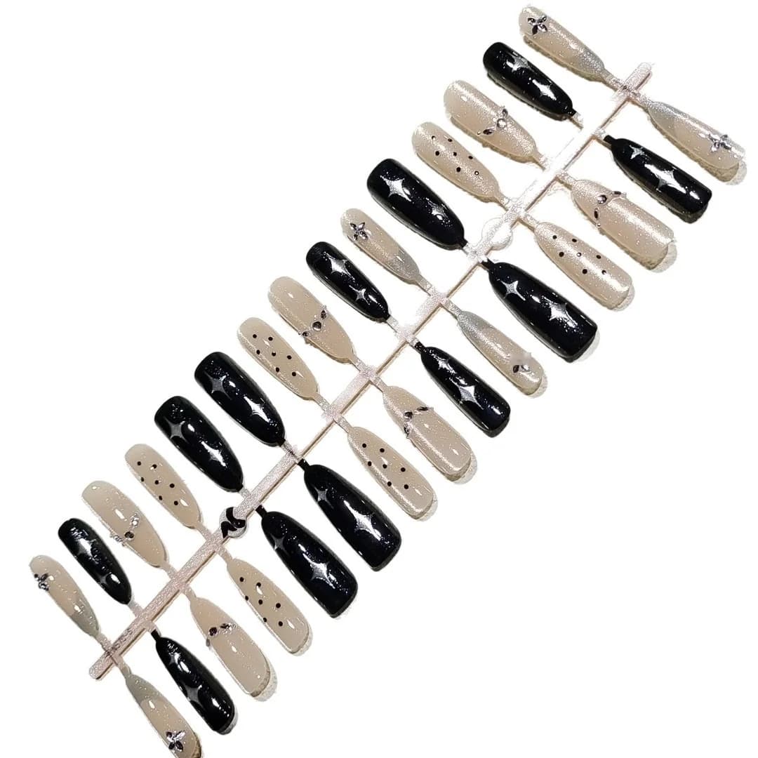 Stiletto Press-On Nails with Rhinestones Dark Starry Sky Design