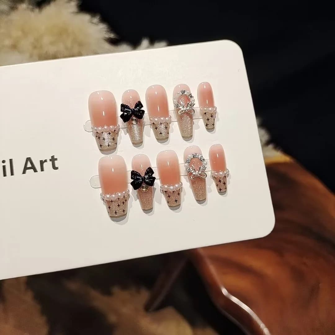 Black Butterfly Pink Tulle Press-On Nails with Bow Design