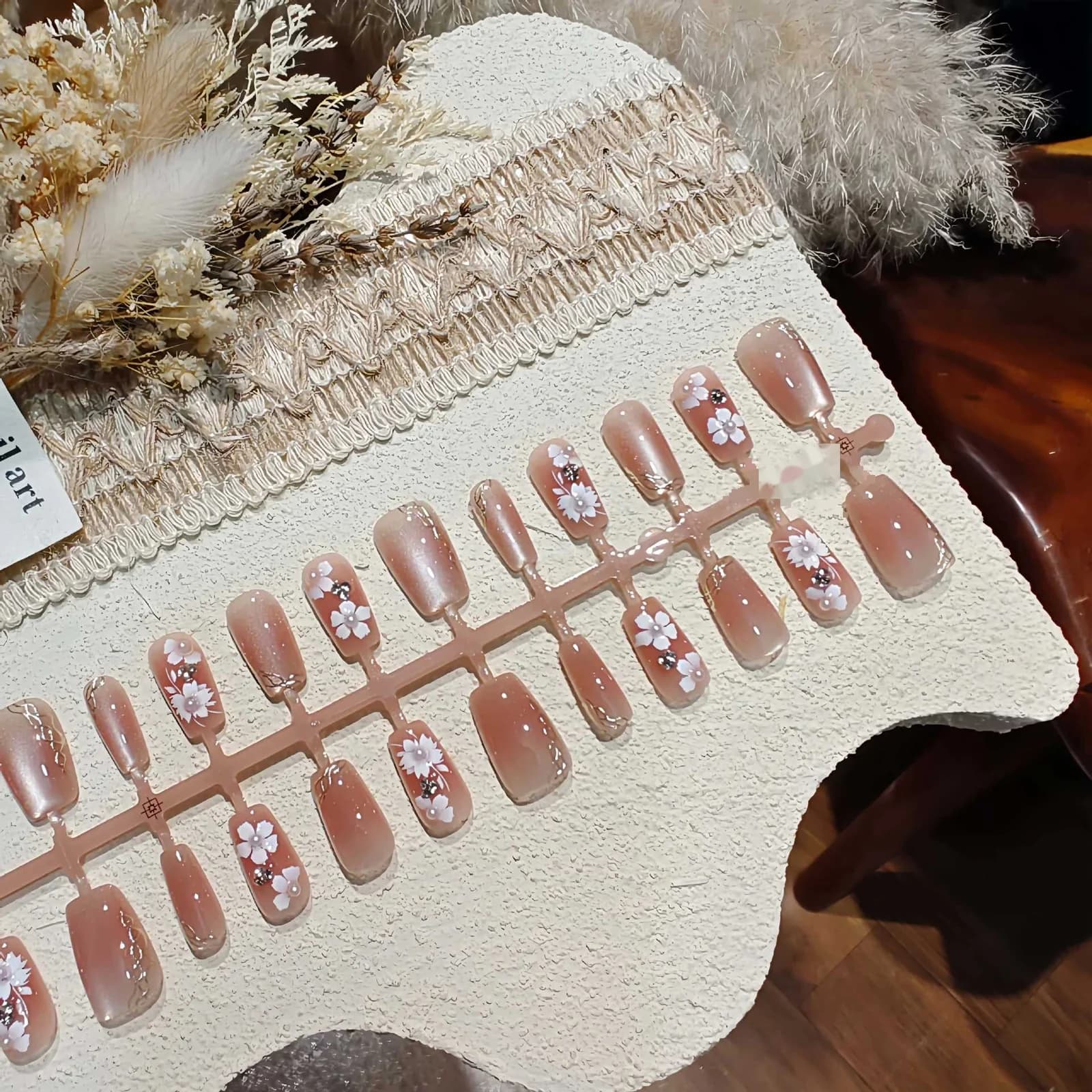 Floral Cat Eye Press-On Nails With Pearls