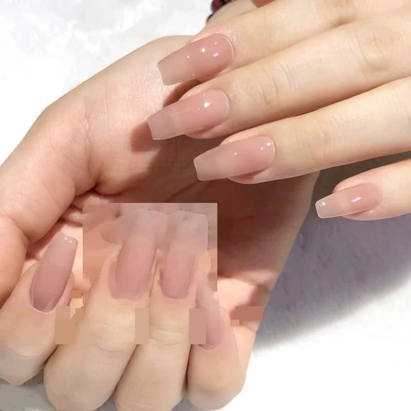 Long Coffin Press On Nails Jelly Translucent Nude Solid Color