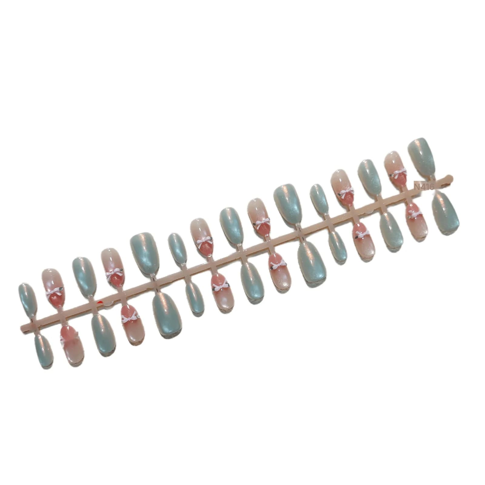 Pink Cat Eye Press On Nails with Bow and Glass Beads