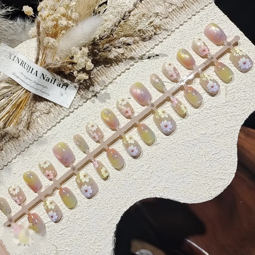 Floral Cat Eye Press On Nails Short Ballerina Shape