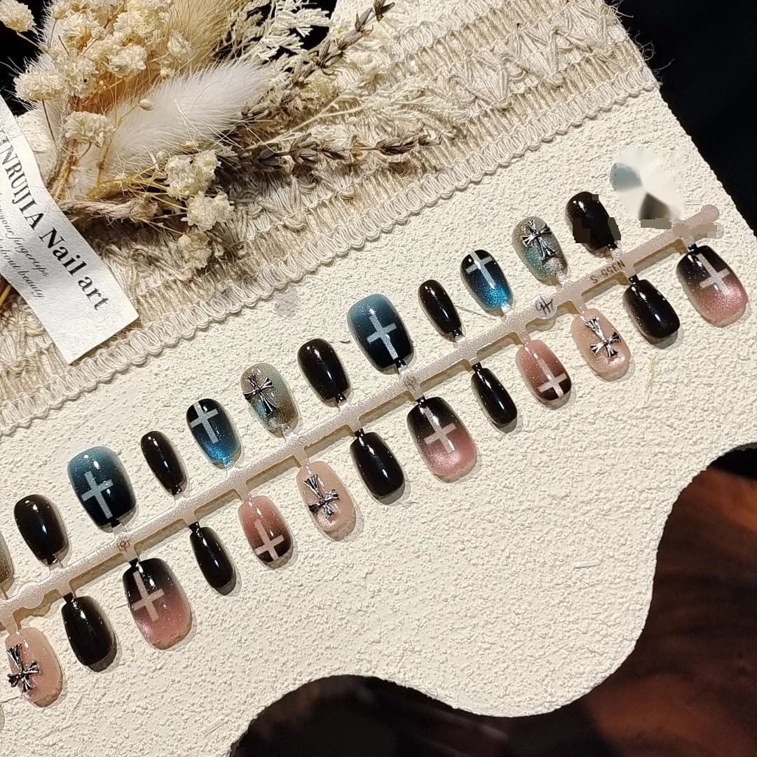 Blue Pink Cat Eye Press On Nails with Glass Beads and Cross Design