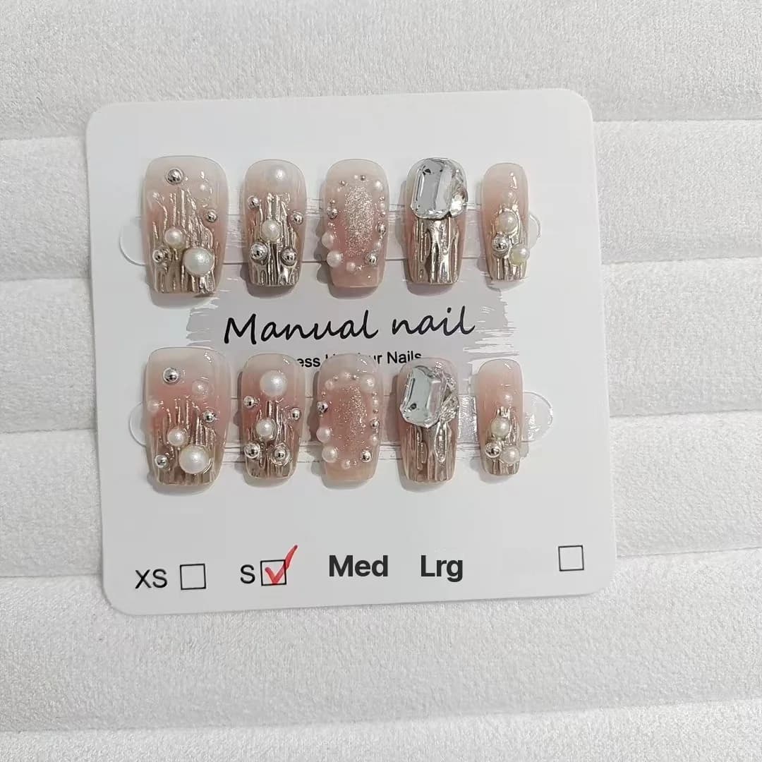 Gold Rhinestone & Pearl Press-On Nails, Short Square Tips with Glitter