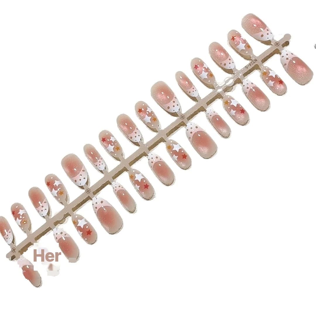 Cat Eye Glass Bead Press On Nails Medium Oval Summer Fresh Style