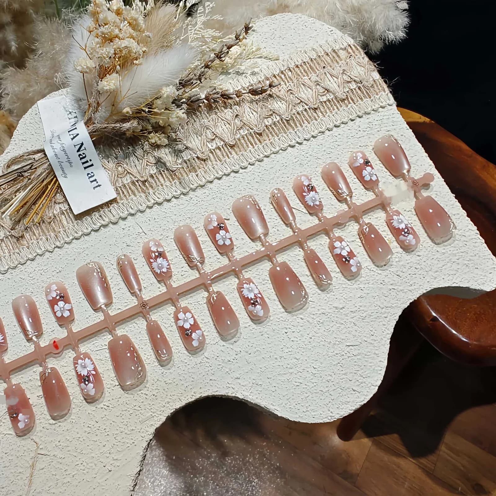 Floral Cat Eye Press-On Nails With Pearls