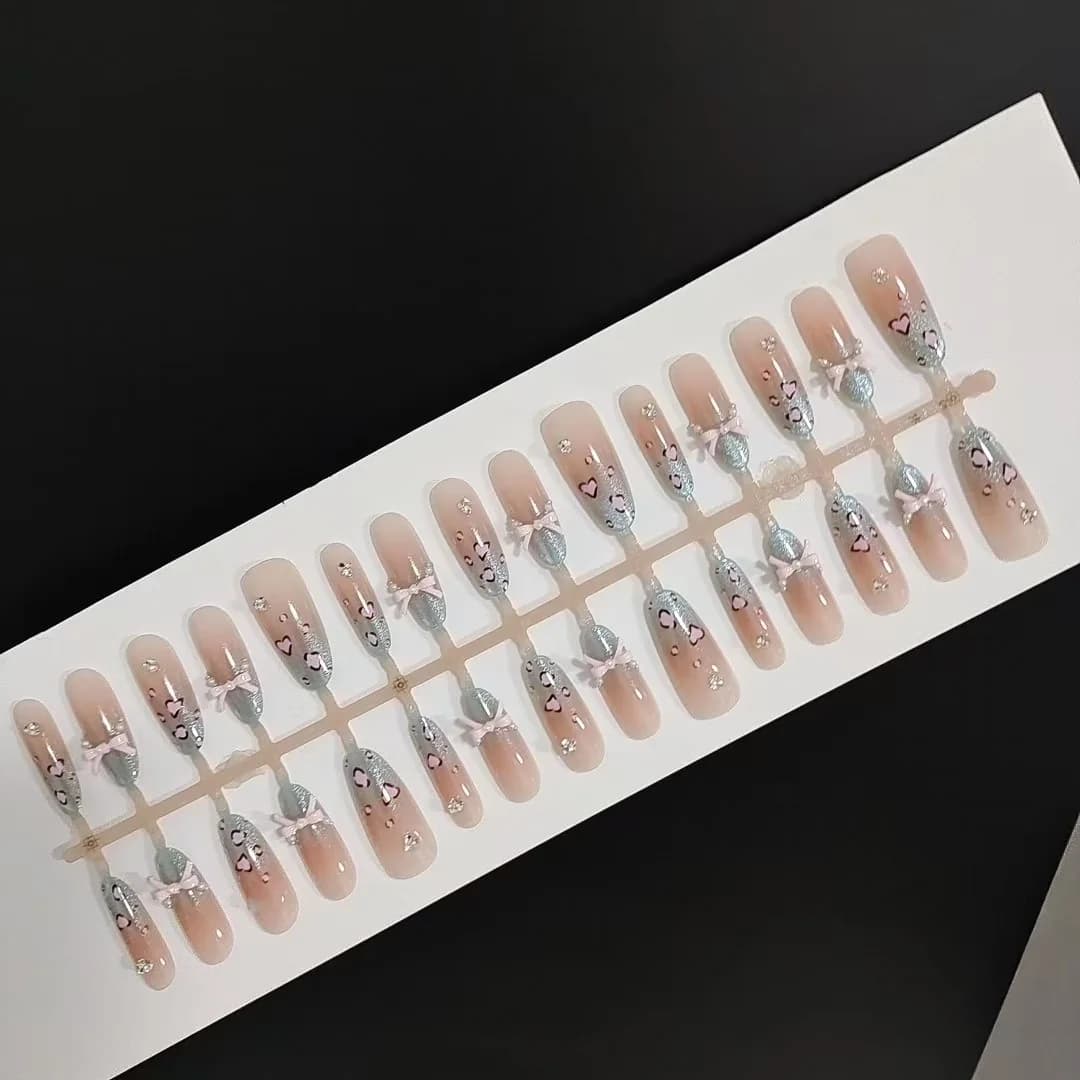 Press On Nails Sea Salt Leopard Cat Eye Bow Long Stiletto