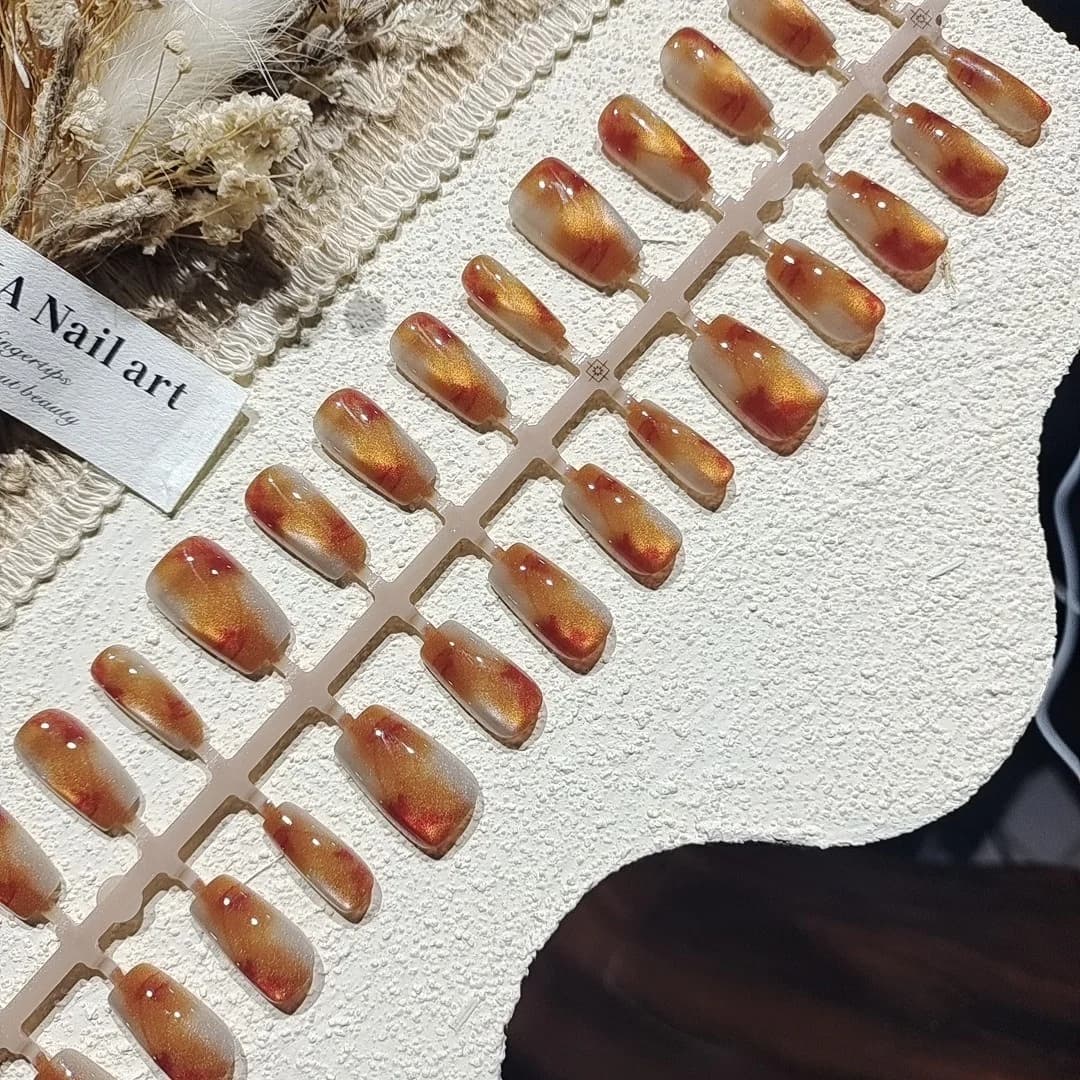 Amber Cat Eye Press On Nails Short Coffin Ballerina