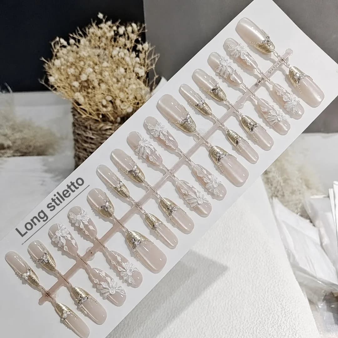 Press-On Nails with 3D Butterflies and Flowers, Long Stiletto Shape