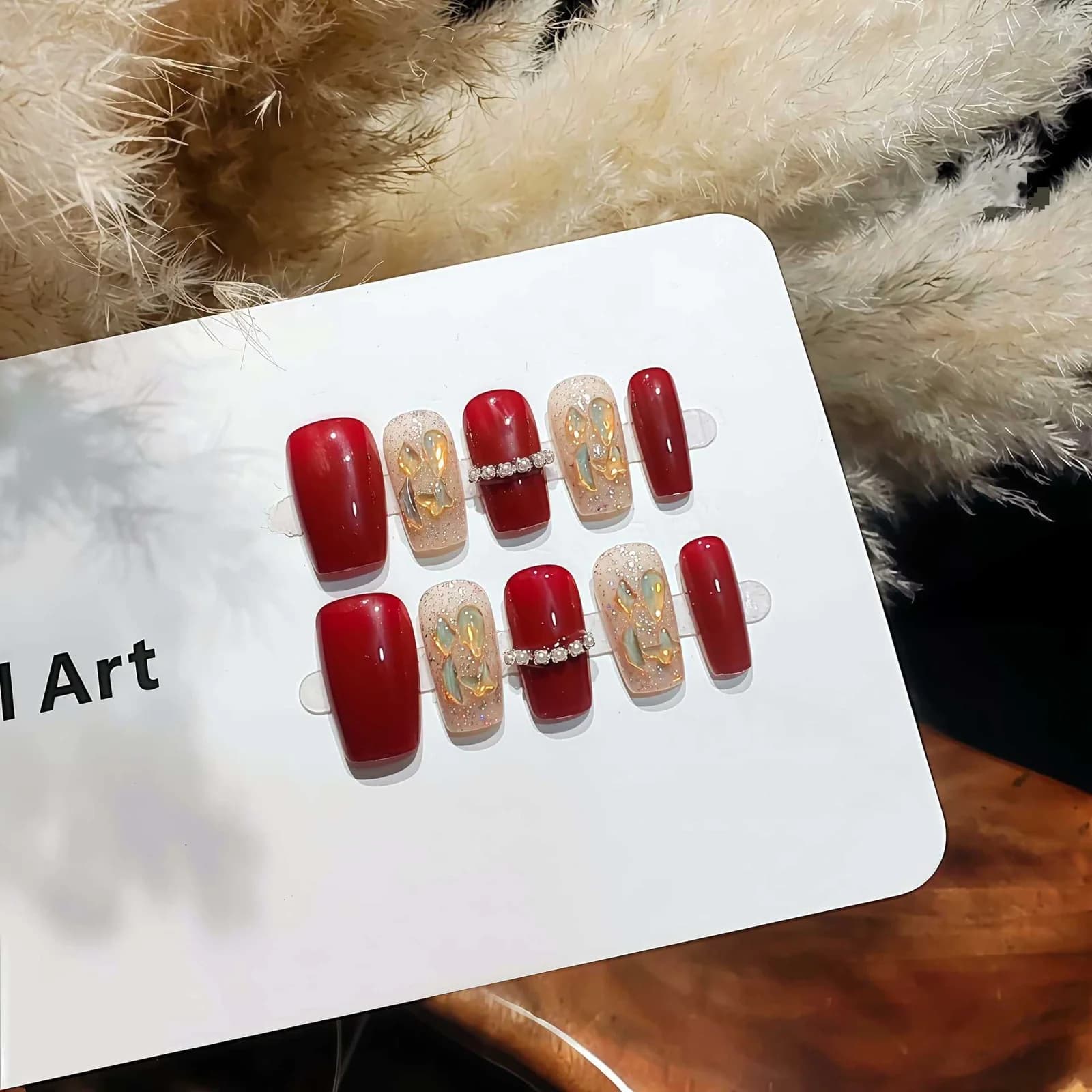 Red Short Square Press On Nails with Aurora Rhinestines
