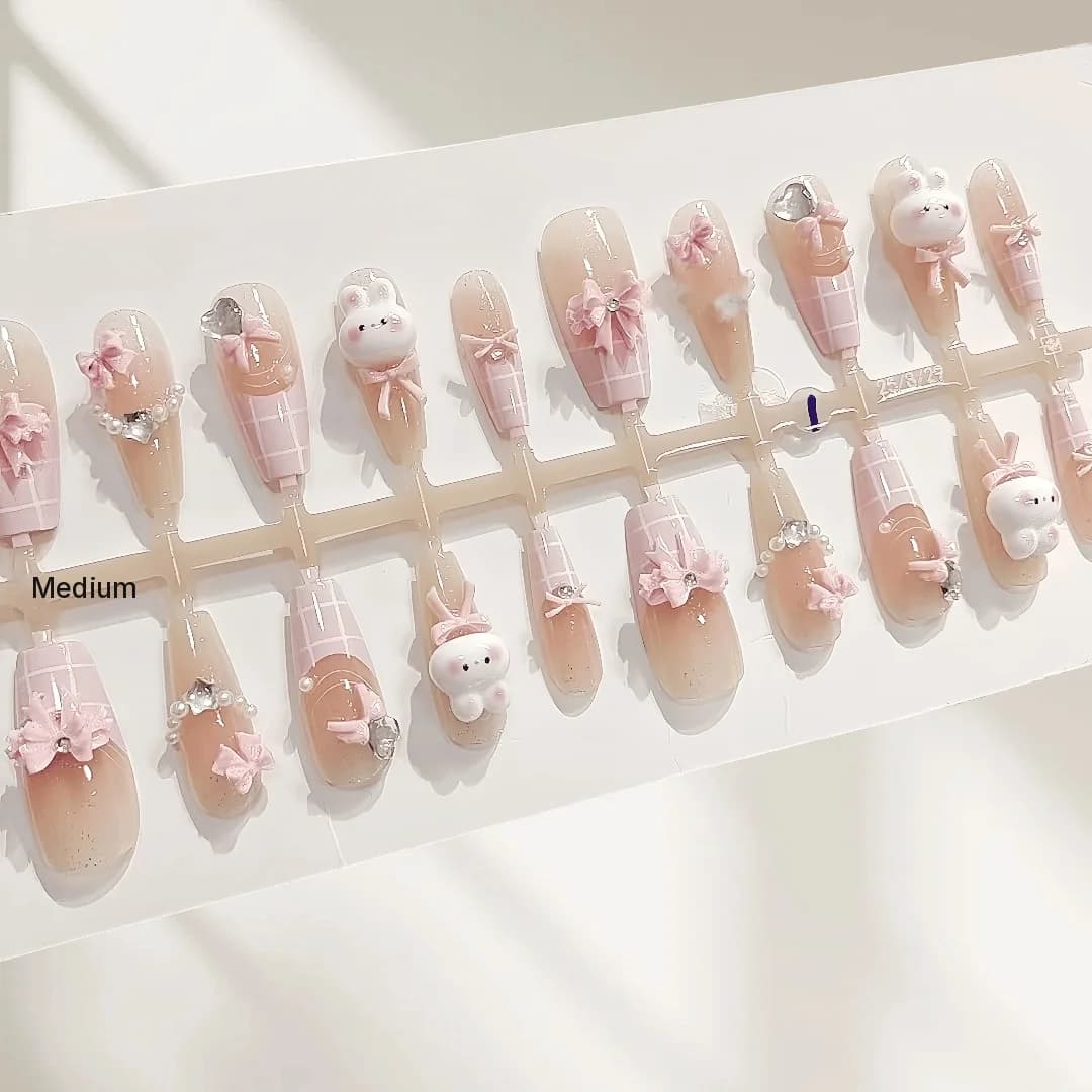 Cute Pink Rabbit Press On Nails 30 Pieces Medium Coffin Shape