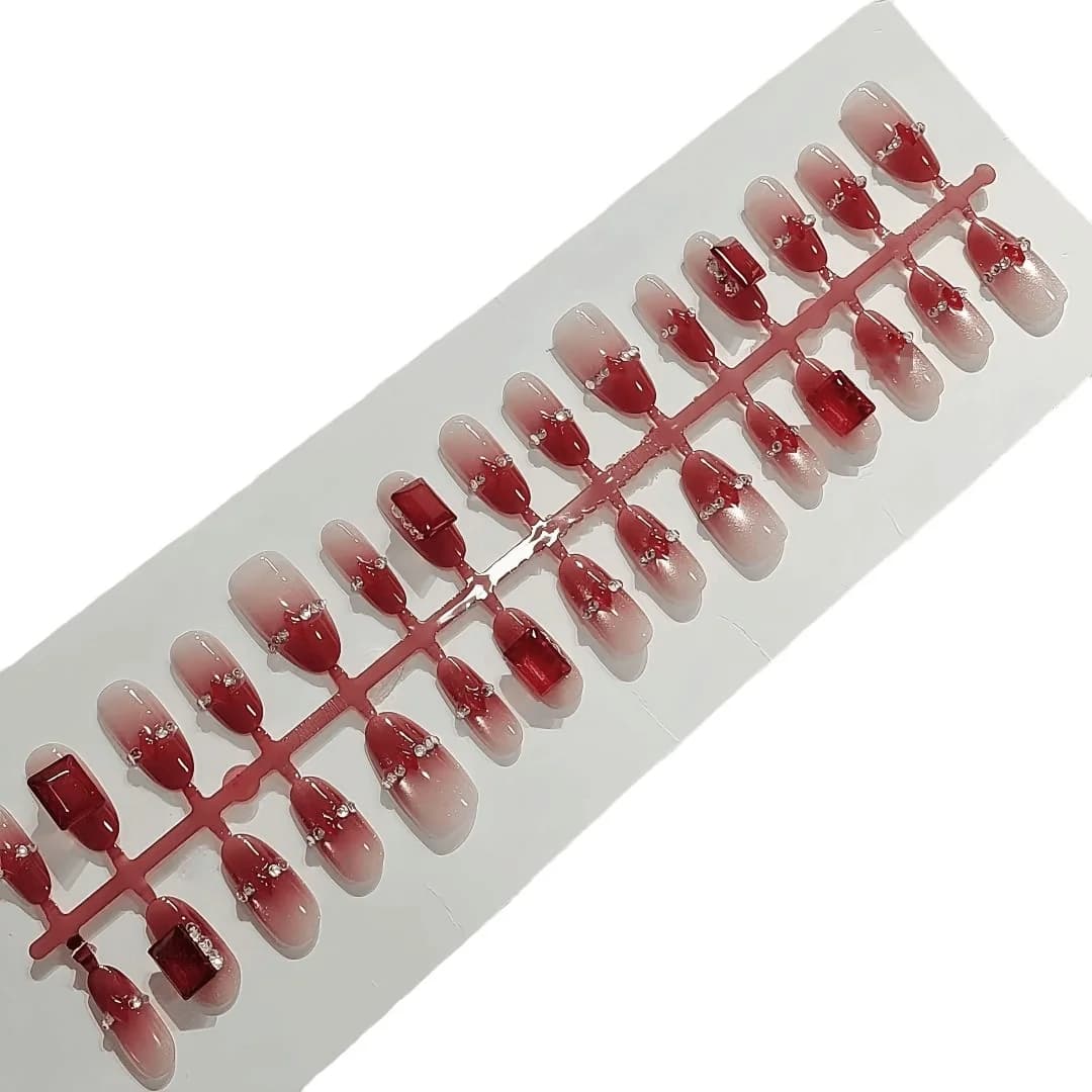Red Rhinestone Cat Eye Press On Nails Medium Oval 30 Pieces
