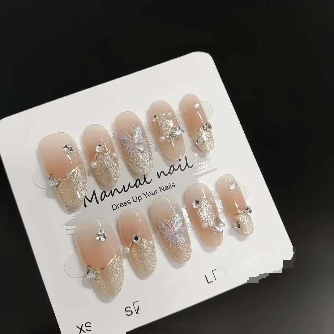 Press-On Nails Medium Oval French Tip Butterfly Design Reusable Set