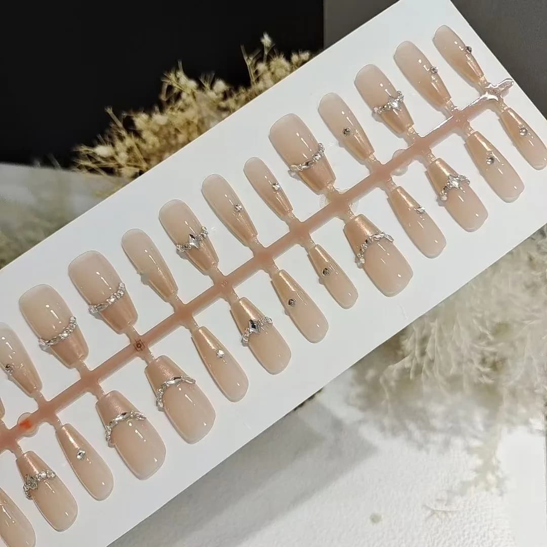 Press-On Nails French Tip with Rhinestones 30 Pieces
