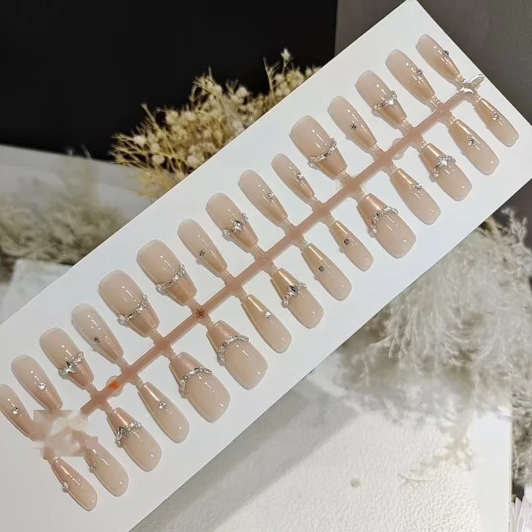 Press-On Nails French Tip with Rhinestones 30 Pieces