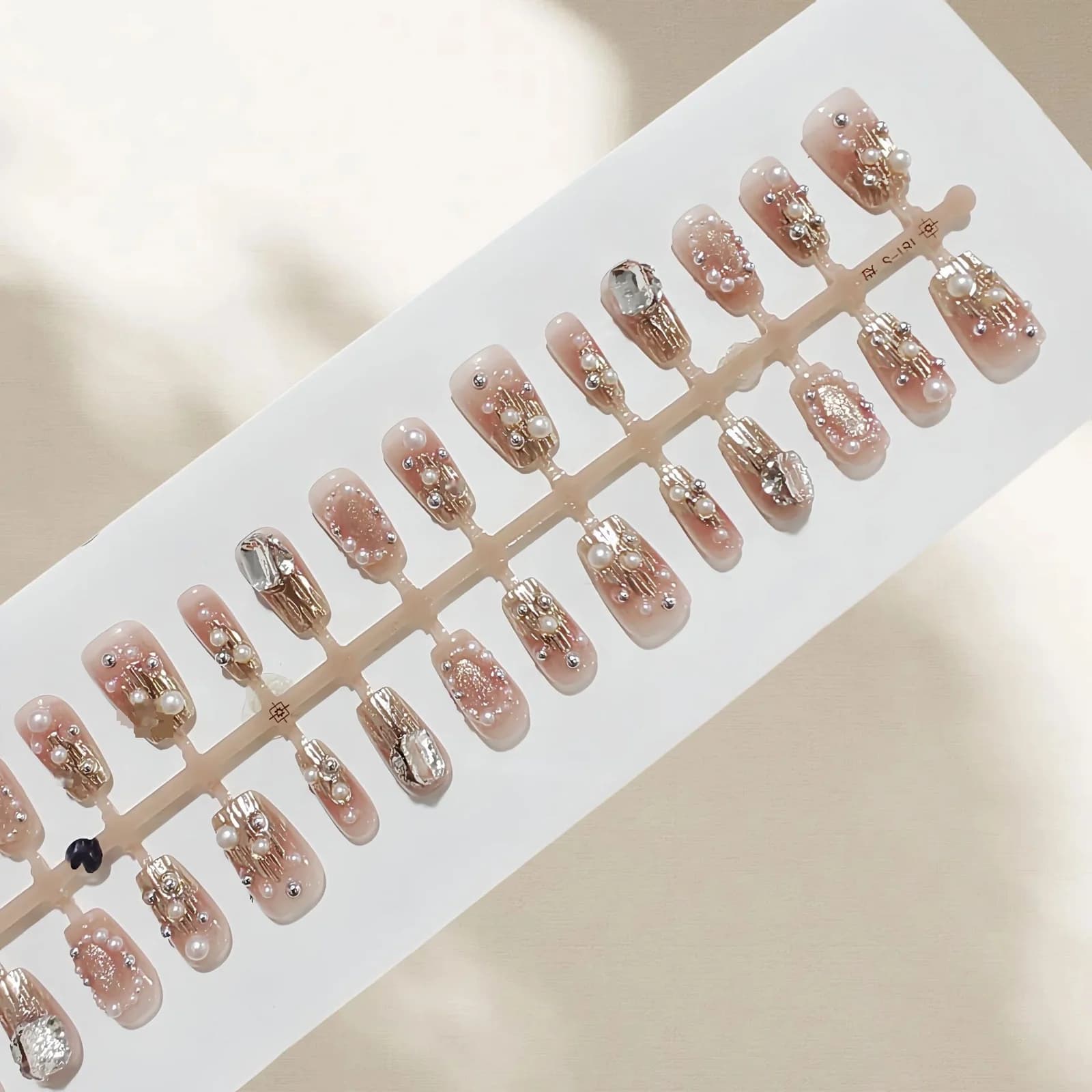Gold Rhinestone & Pearl Press-On Nails, Short Square Tips with Glitter