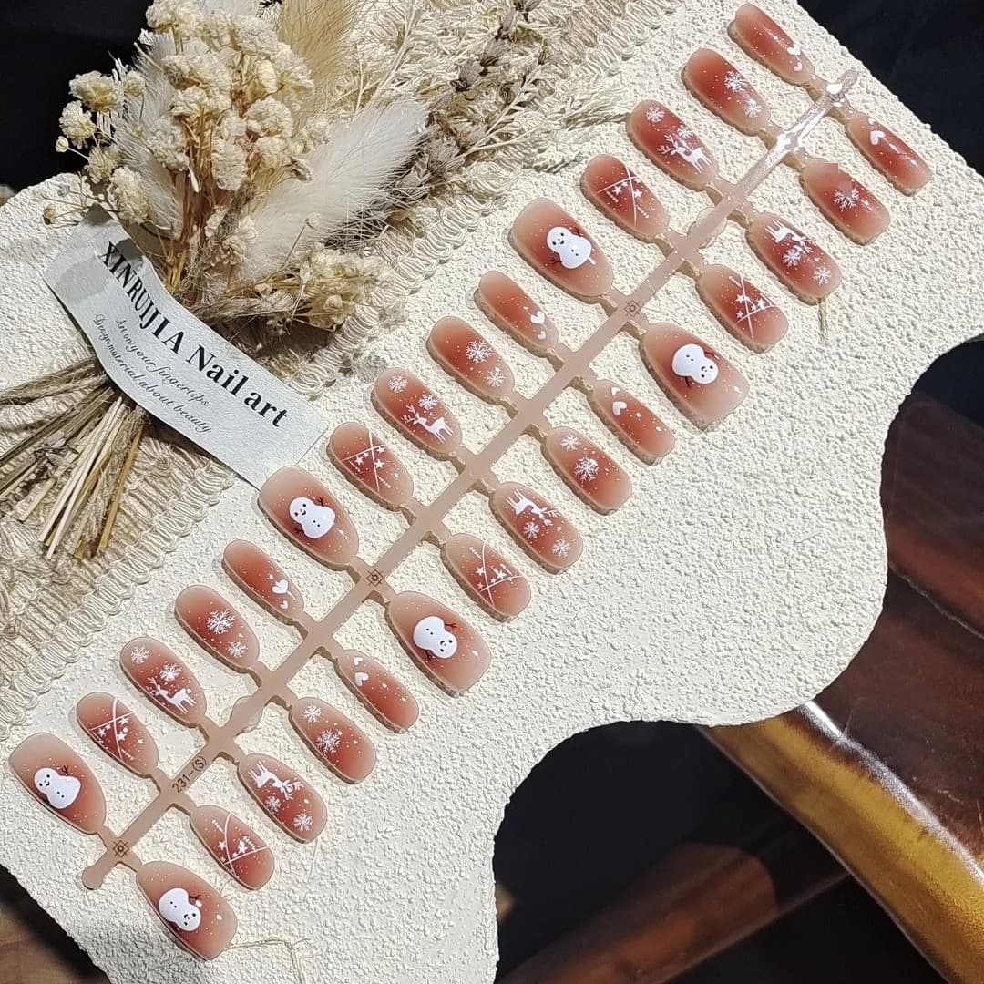 Winter Deer Press-On Nails with Snowflake and Blush Design