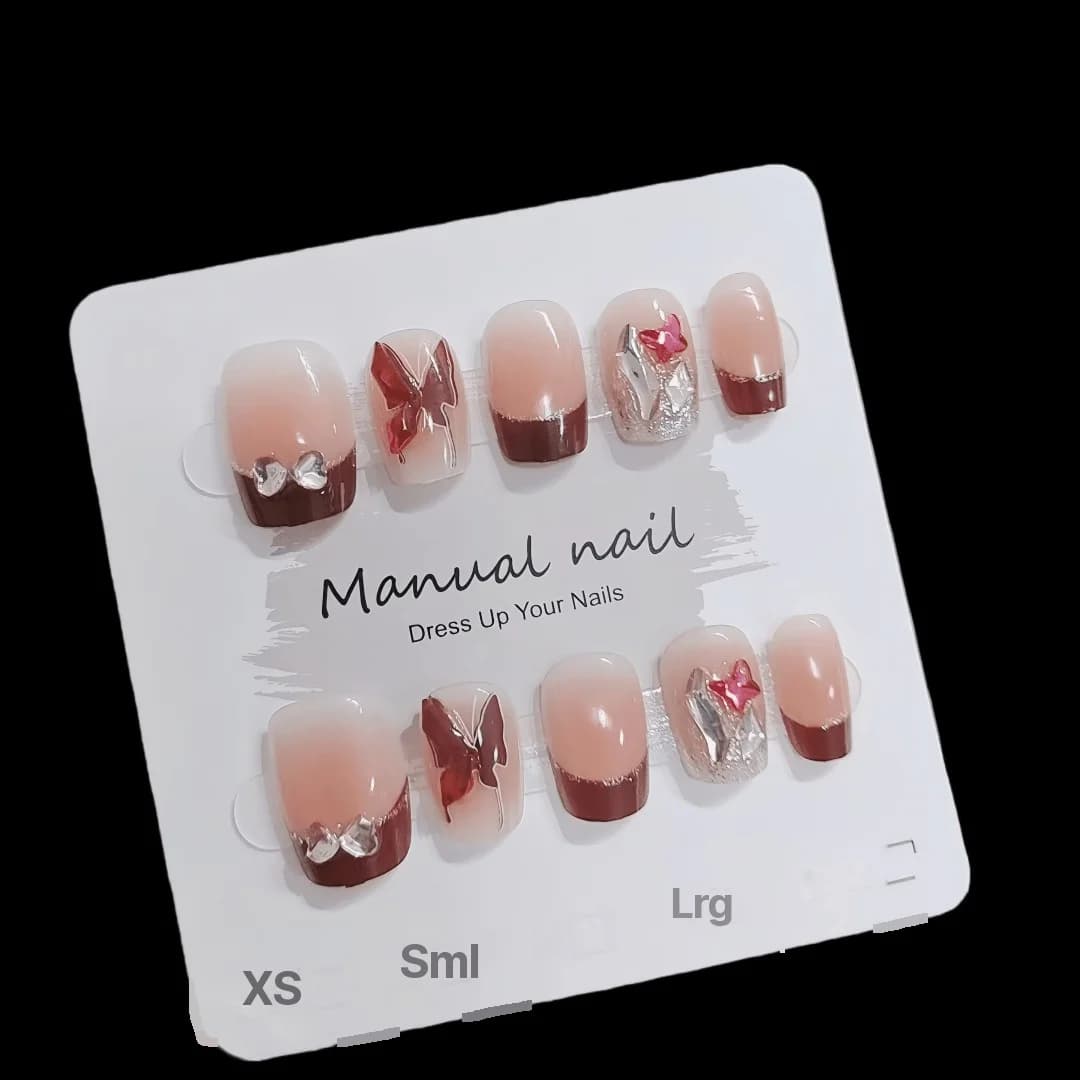Red French Tip Press-On Nails with Butterfly and Glitter Details