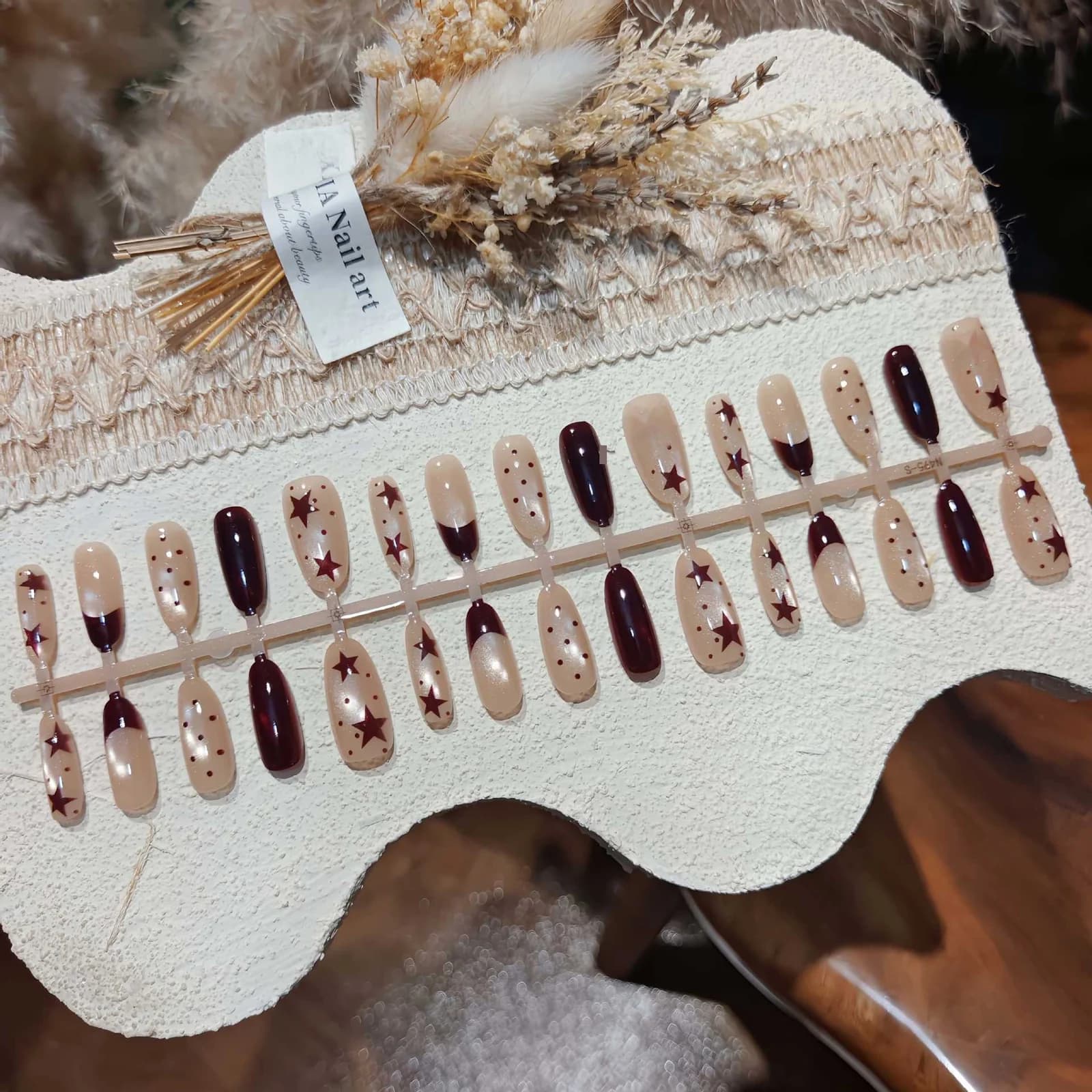 Brown Cat Eye Press-On Nails with Stars and Polka Dots