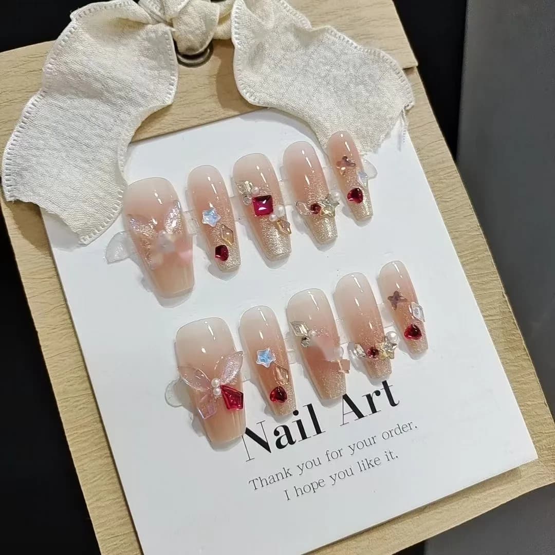 Butterfly Rhinestone Press-On Nails, 30 Pieces, Medium Coffin Shape