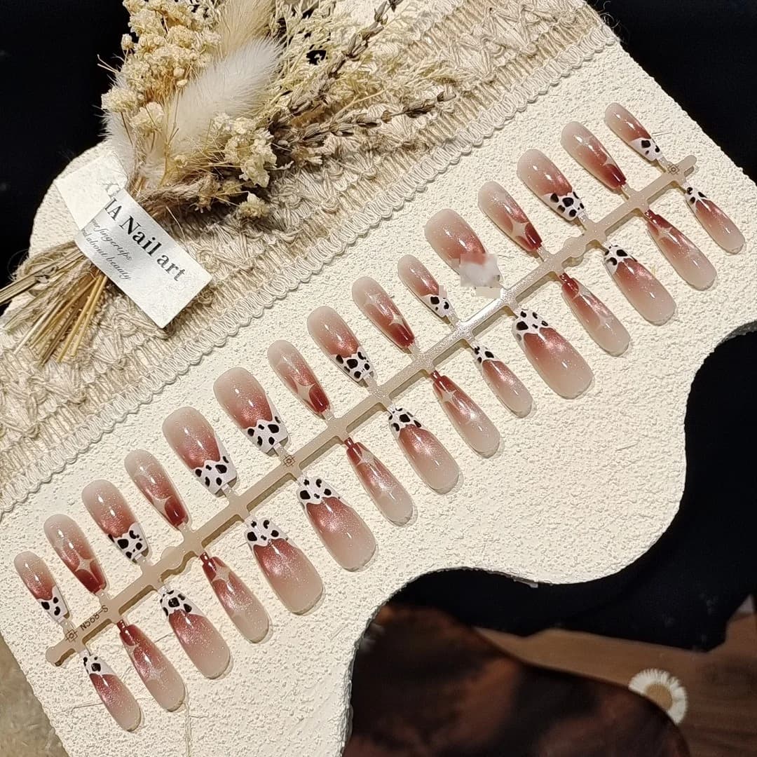 Cat Eye Press-On Nails Twilight Brown Glass Bead Design