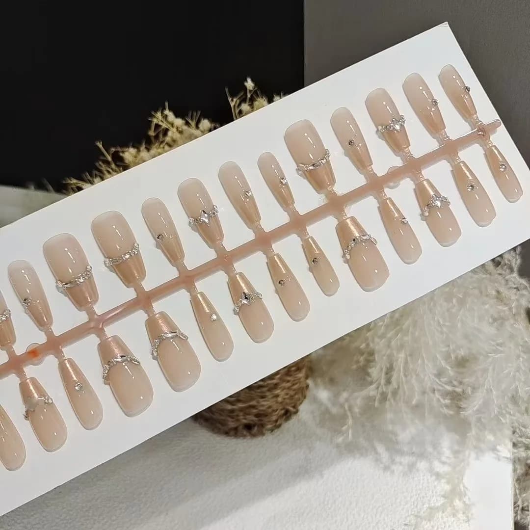 Press-On Nails French Tip with Rhinestones 30 Pieces