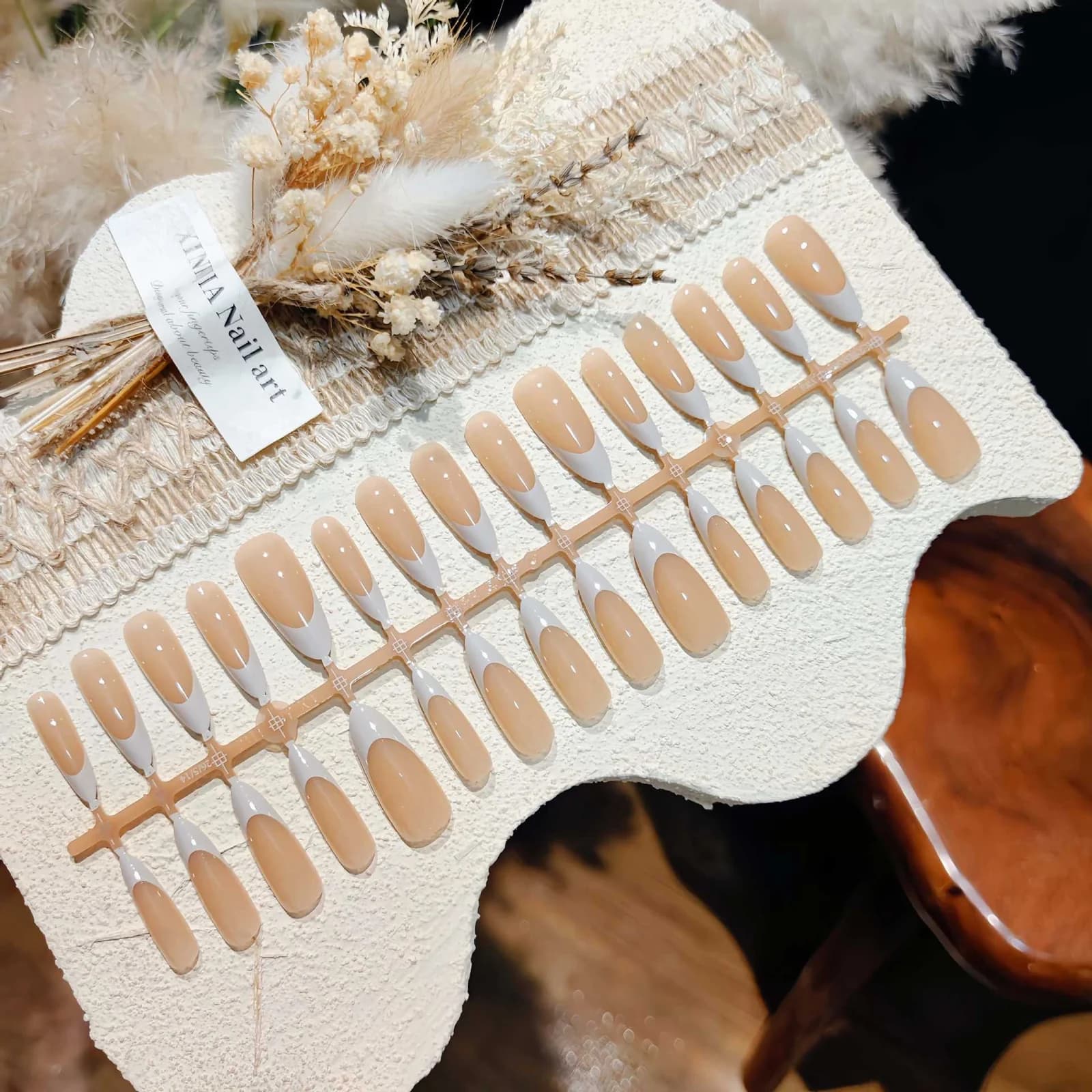 Grey White French Tip Press On Nails Long Almond Shape Full Size Set