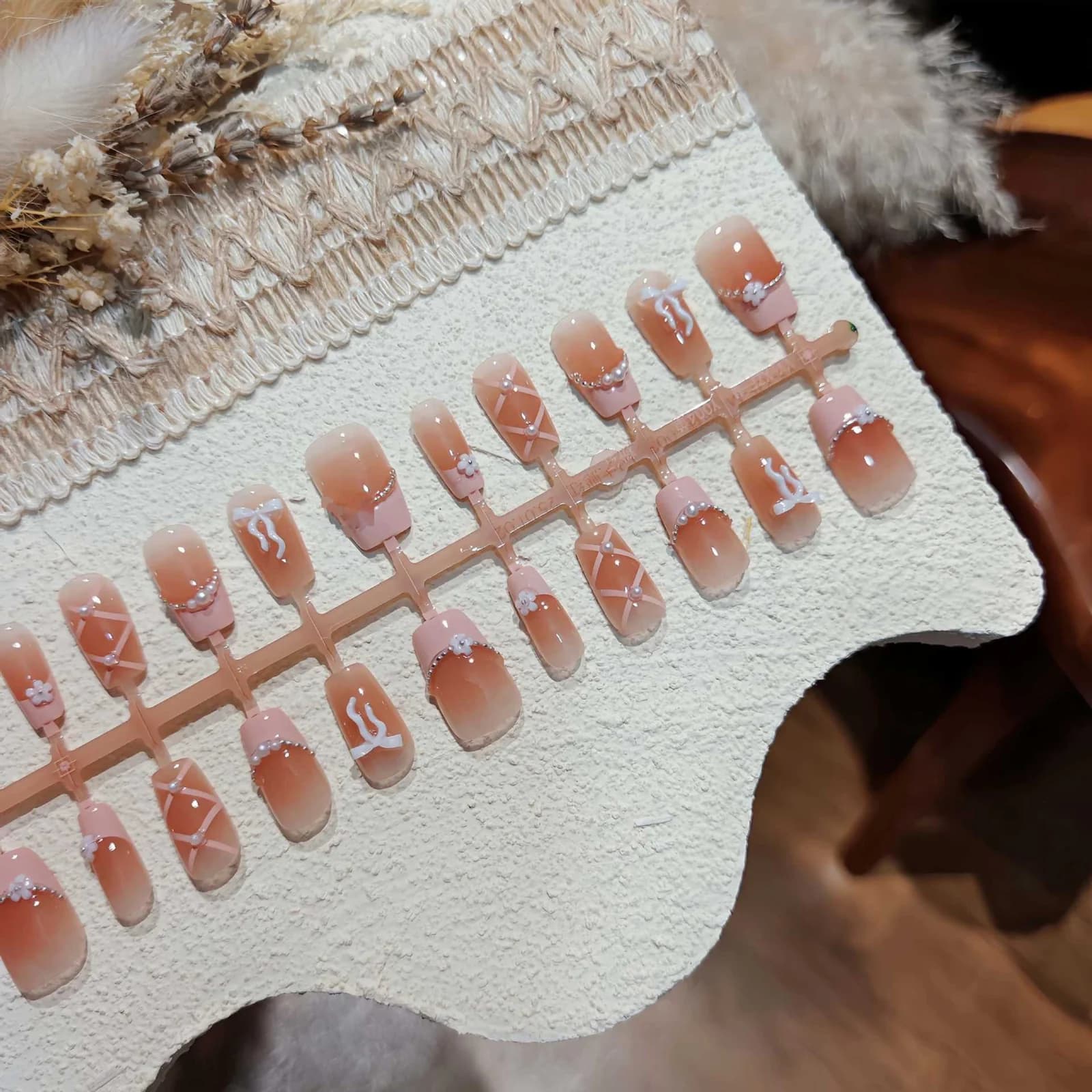 Pink French Tip Press-On Nails with Bow and Chain Details, Short Square